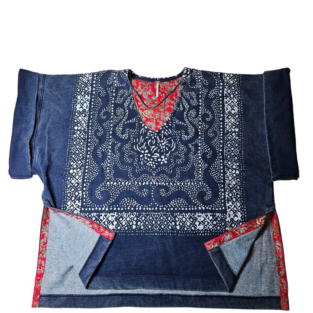 Free People Navy Blue Embroidered Scoop Neck Sweater with Red Accent - Picture 6 of 15